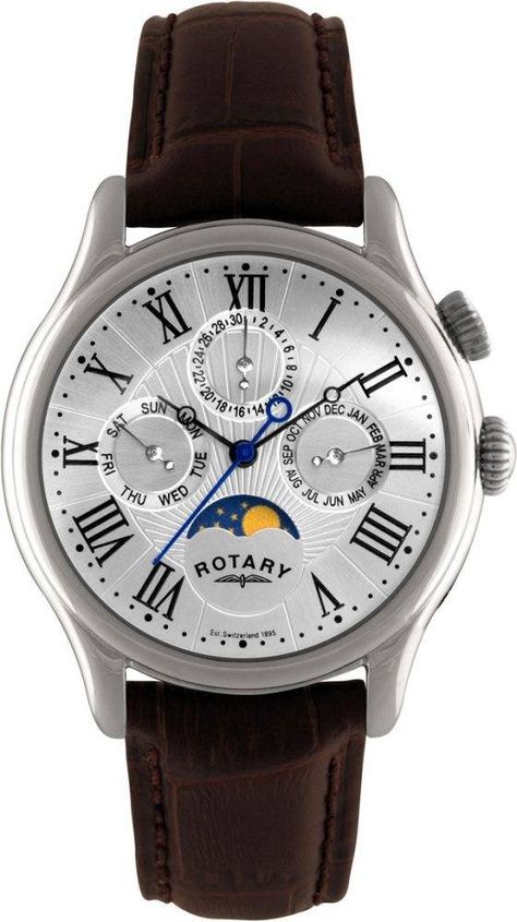 Rotary Watch Gents Steel Strap #bezel-fixed #bracelet-strap-leather #brand-rotary #case-depth-10mm #case-material-steel #case-width-39mm #classic #date-yes #day-yes #delivery-timescale-4-7-days #dial-colour-silver #gender-mens #moon-phase-yes #movement-quartz-battery #official-stockist-for-rotary-watches #packaging-rotary-watch-packaging #style-dress #subcat-rotary-core-mens #supplier-model-no-gs02838-01 #warranty-rotary-lifetime-guarantee #water-resistant-waterproof Moonphase Watch, Stylish Watches Men, Gents Fashion, Mens Chronograph, Gents Watches, Leather Strap Watch, Buy Watches, Stylish Watches, Brown Leather Strap