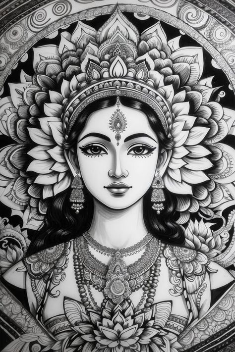 Lakshmi Goddess Art, Drawing Ideas Goddess, Lakshmi Devi Sketch, Indian Goddess Sketch, Hindu Goddess Drawing, Goddess Drawing Pencil, Lakshmi Devi Drawing, Indian Goddess Drawing, Hindu Gods Drawing