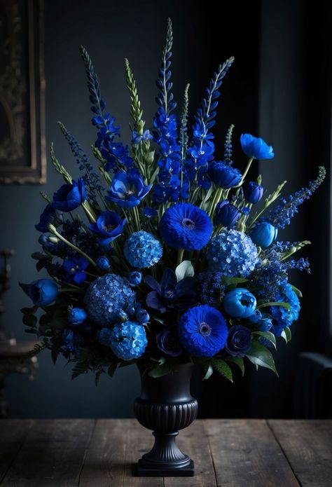 30 Types Of Blue Flowers And Their Meanings That Will Brighten Your Garden Shades Of Blue Flower Arrangements, Dark Blue Delphinium, Blue Vase With Flowers, Blue Floral Arrangements, Types Of Blue Flowers, Deep Blue Flowers, Flowers And Their Meanings, Blue Orchid Flower, Blue Flower Arrangements