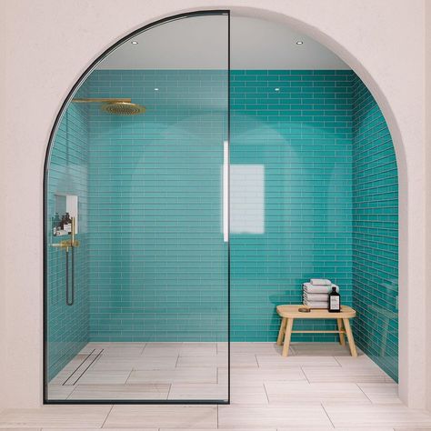 Tile Club - Buy Tiles Online on Instagram: “Bright, bold colors are absolutely in this year and we’re sharing some of our favorite colorful tiles for inspo! Which of these 10 bathroom…” Aqua Glass Tile Bathroom, Blue Glass Subway Tile, Glass Tile Bathroom, Aqua Tiles, Coastal Bathroom Design, Blue Glass Tile, Blue Bathroom Tile, Mosaic Tile Sheets, Subway Tiles Bathroom