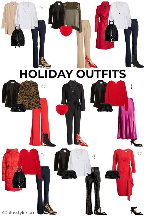 Outfits for the holidays - thanksgiving, Christmas - 40 style Christmas Party Outfits Red, Gno Outfit, Christmas Outfit Ideas, Trendy Christmas Outfits, Holiday Outfits Christmas, Christmas Outfits Women, Christmas Party Outfits, Fashion Guide, Stylish Coat