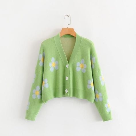 452bf208bf901322968557227b8f6efedesc41113592ri Flower Cardigan, Cozy Knit Sweater, Cute Cardigans, Green Cardigan, Printed Cardigan, Casual Sweaters, Cozy Knits, Vintage Sweaters, Outfits Casuales