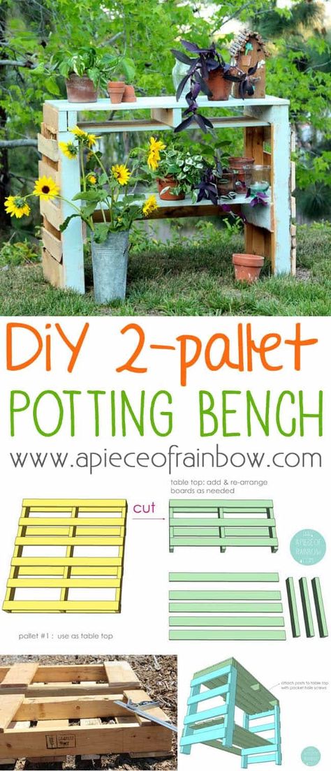 Make a Two Pallet Potting Bench - A Piece Of Rainbow Potting Benches Diy, Potting Bench With Sink, Light Fixture Makeover, Benches Diy, Pallet Potting Bench, Tiny Shed, Diy Potting Bench, Potting Bench Plans, Repurpose Pallets