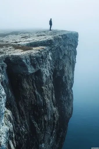 ↑↑↑ Larger size on website 🔸 A lone figure stands at the edge of a cliff, gazing out at the vast expanse of fog-covered sea. The Cliff Night, Fantasy Vibes, Edge Of A Cliff, Cliff Face, Ocean Cliff, Dante's Inferno, Cliff Edge, Sea Cliff, Lone Tree