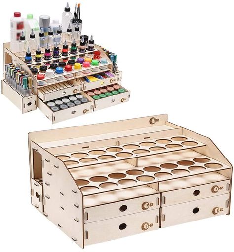 15 Useful Hobby Paint Storage Racks and Organizers. Recommended hobby paint storage, miniature painting station organizer. How to storage Vallejo army painter dropper bottles or Warhammer Citadel paint pots. Best paint display racks for miniature and model painters. Togush wood artist supply paint stand and storage rack Paint Rack, Paint Organization, Painting Station, Hobby Desk, Laser Cut Wood Crafts, Ink Bottle, Artist Supplies, Paint Storage, Wooden Rack