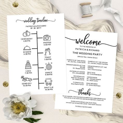 Wedding Itinerary Icon Chic Script Wedding Program Wedding Welcome Letters, Wedding Weekend Itinerary, Elegant Wedding Programs, Wedding Binder, Vow Renewal Ceremony, Wedding Schedule, Wedding Program Fans, Wedding Brochure, Wedding Itinerary