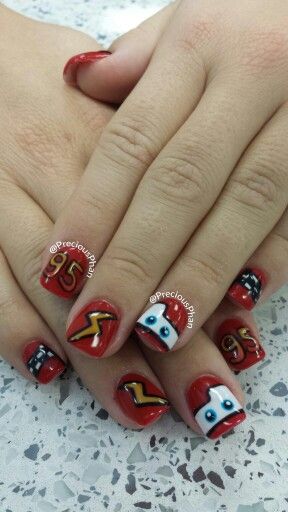 Cars, lightening mcqueen nails OMG @Kellie Dyne Leigh Cars Nails Disney, Lightning Mcqueen Nails, Cars Nails, Mcqueen Birthday, Frozen Nails, Flash Mcqueen, Disney Christmas Nails, Nail Vibes, Car Birthday Theme