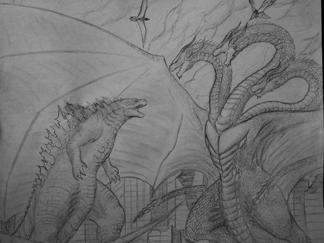 Godzilla vs King Ghidorah (Uncolored Version with obvious wet mark from where I sneezed on it)  #godzilla #gojira #godzillamonsterverse… King Ghidorah Drawing, Monster Zero, Godzilla Suit, Godzilla Vs King Ghidorah, Godzilla Tattoo, Monster Verse, Dinosaur Sketch, Kong Godzilla, King Ghidorah