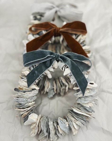 Packing up these pretty oyster wreaths today! They are on the way to @nestandnookon21st tomorrow! #littlesercies #nestandnookon21st #oysterwreaths #oystergifts #coastalwreaths #velvetribbon Oyster Wreath, Oyster Shell Wreath, Coastal Wreaths, Seashell Wreaths, Shells Decor, Oyster Shells Decor, Angel Flowers, Seashell Art Diy, Shell Projects