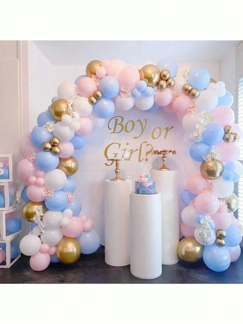 Multicolor  Collar  Latex   Embellished   Event & Party Supplies Pink Blue And Gold Balloon Garland, Birthday Pics With Balloons, Gender Reveal Balloon Arch, Rose Macaron, Christening Party, Gender Reveal Balloons, Balloon Kit, Gender Reveal Decorations, Glitter Confetti