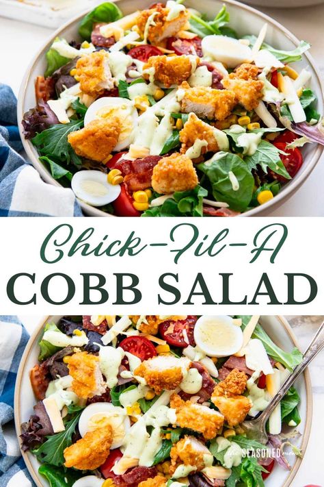 A copycat Chick-Fil-A cobb salad recipe that you can make at home in about 30 minutes! Crispy fried chicken, fresh veggies, roasted corn, crispy bacon, hard-boiled eggs, and cheddar and Monterey Jack cheeses come together with a flavorful avocado lime ranch dressing. Chick Fil A Cobb Salad Recipe, Chick Fil A Cobb Salad, Fried Chicken Salad Recipe, Avocado Lime Ranch, Avocado Lime Ranch Dressing, Fried Chicken Salads, Veggies Roasted, Strawberry Chicken Salad, Southern Potato Salad