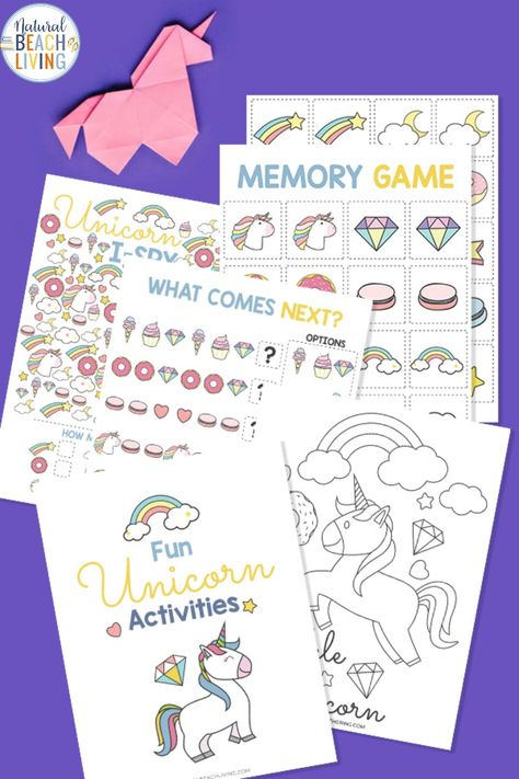 Unicorn Activities Printables for Kids - Natural Beach Living Unicorn Activities For Kids, Unicorn Activities, Kid Printables, Unicorn Games, Unicorn Craft, Unicorn Themed Birthday Party, Unicorn Printables, Free Printable Activities, Activities For Preschoolers