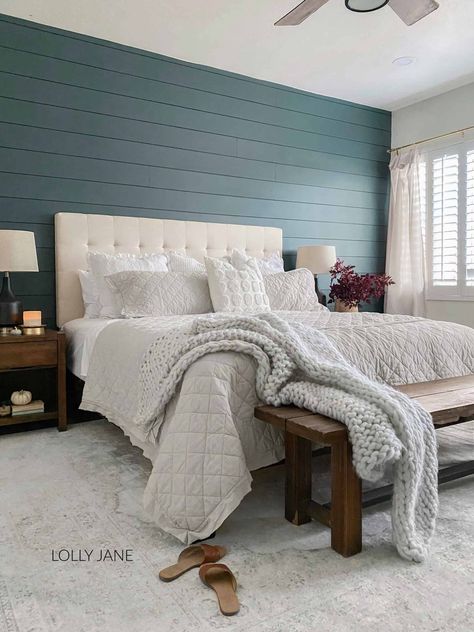 Farmhouse Bedroom Teal Accents, Industrial Farmhouse Master Bed, Modern Farmhouse Bedroom Decor, Shiplap Bedroom, Teal Bedroom Ideas, Teal Accent Walls, Modern Farmhouse Bedroom Ideas, Closet In Bedroom Ideas, Open Closet In Bedroom