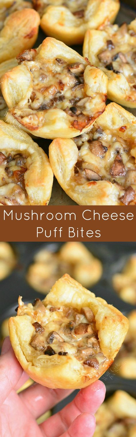 Mushroom Cheese Puff Bites. Buttery, cheesy, tasty little cups of mushroom filled pastry. Only 5 ingredients and 30 minutes of your time to get these heavenly mushroom cheese bites. #mushrooms #partyfood #puffpastry Mushroom Cheese Puff Bites, Mushroom Cheese Appetizer, Mushroom Cups Appetizer, Mushroom Bites Appetizers, Mushroom Crescent Roll Appetizer, Crescent Roll Bites, Appetizers With Mushrooms, Sliced Mushroom Appetizer, Mushroom Turnovers Appetizers