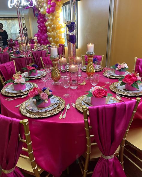 Purple And Fushia Wedding, Hot Pink And Gold Table Decor, Fushia Party Theme, Gold And Fuschia Party, Hot Pink And Gold Quinceanera Decorations, Fuschia Black And Gold Party, Hot Pink And Gold Party Ideas, Magenta And Gold Party, Fushia Quinceanera Decorations