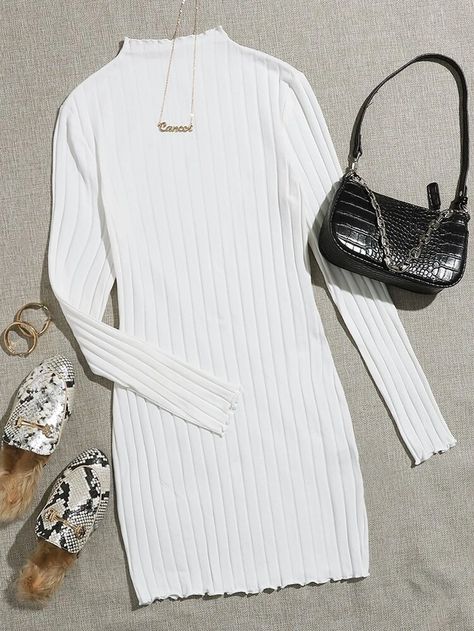 Rib Knit Dress, Casual White Dress, Lace Dress With Sleeves, Ribbed Knit Dress, Turtle Neck Dress, Really Cute Outfits, Girls Fashion Clothes, Teenage Fashion Outfits