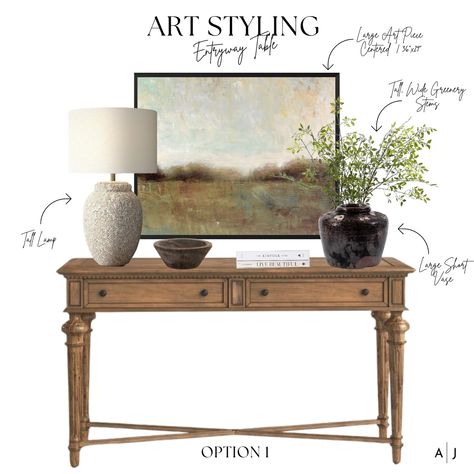 Art Over Entry Table, Console With Art, Upstairs Hallway Table Decor, Entry Table With Pictures Above, Console Table With Painting Above, Console Table In Dinning Room, Decorated Entry Table, Art Above Entry Table, Console Table Vignette