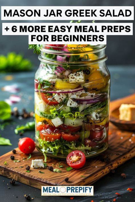 Mason jars filled with Greek salad ingredients, ideal for make-ahead meal prep. Jar Greek Salad, Jar Lunch Ideas, Jar Meal Prep, Easy And Healthy Meal Prep, Easy Chicken Salad Sandwich, Mason Jar Meal Prep, Easy Meal Prep Ideas, Mason Jar Lunch, Fruit And Yogurt Parfait