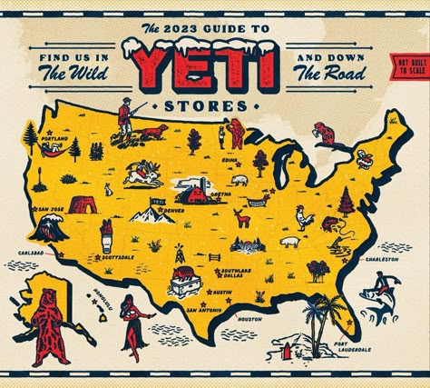 SAMPLE | Some recent work for @yeti that will run in their fall dispatch catalog. This pictorial map shows their stores across the country. Thanks… | Instagram Illustrated Map Design, Pilot Illustration, Golf Graphic Design, Vintage Cartography, Western Graphic Design, Map Art Illustration, Taco Fest, Animal Infographic, Golf Graphic