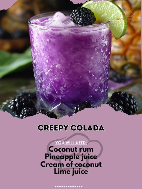 👻 "Creepy Colada—treat yourself to a spooky yet delightful twist on a classic colada. Perfect for Halloween fun! 🍹👻 #CreepyColada #HalloweenDrinks" Creepy Colada Ingredients: Coconut rum (1 1/2 oz) Pineapple juice (3 oz) Cream of coconut (1 oz) Lime juice (1/2 oz) Blackberries (for garnish) Ice cubes (as needed) Instructions: Blend coconut rum, pineapple juice, cream of coconut, and lime juice with ice. Pour into a glass and garnish with blackberries. 👻 "Sip on Creepy Colada—spooky, cream... Halloween Pina Colada, Mixed Drinks Alcoholic Halloween, Bartender Drinks Recipes, Cream Of Coconut, Fun Drinks Alcohol, Bartender Drinks, Alcholic Drinks, Cocktail Drinks Alcoholic, Party Drinks Alcohol