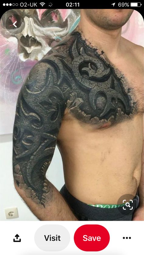 Stone Tattoo Realistic, 3d Tattoo Ideas, Biomech Tattoo, Armour Tattoo, Tattoo Ideas Male, Stammestattoo Designs, Shoulder Armor Tattoo, Body Armor Tattoo, Tatoo 3d