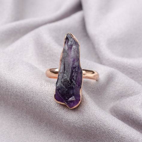 Raw Amethyst Ring, Rose Gold Filled Ring, Natural Long Amethyst Ring, Handmade Jewelry, Boho Ring, Raw Gemstone Ring, Birthday Gift For Her Spiritual Amethyst Jewelry With Raw Stone, Large Stone Spiritual Amethyst Ring, Amethyst Multi-stone Crystal Ring, 14k Gold Multi-stone Amethyst Ring, Purple Amethyst Multi-stone Crystal Ring, Raw Amethyst Ring, Raw Crystal Ring, Raw Gemstone Ring, Raw Amethyst