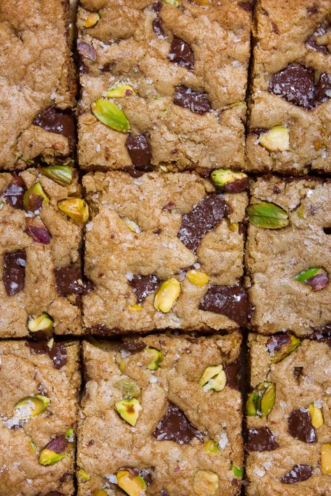 Salted Pistachio Chocolate Chip Bars - Taffey Bakery Chocolate Pistachio Bar, Pistachio Bars, Taffey Bakery, Chocolate Oatmeal Bars, Pistachio Chocolate, Dark Chocolate Chip Cookies, Pistachio Recipes, Chocolate Chip Bars, White Chocolate Chip Cookies