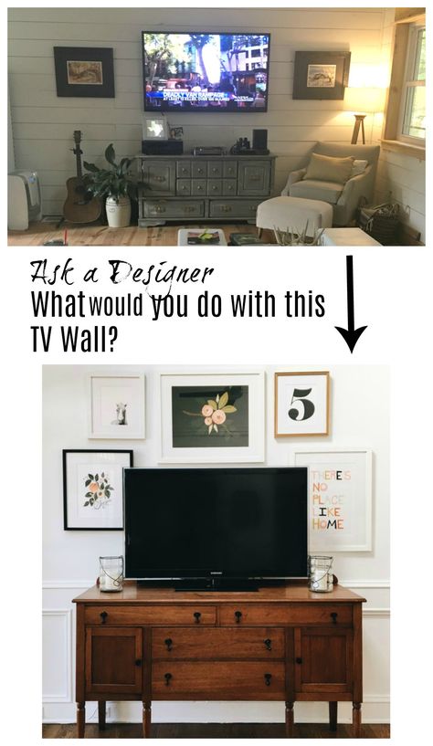 Three MISTAKES made to TV Walls and How To FIX it! What To Put Under A Tv On The Wall, Tv Mounted Over Buffet, Style Tv In Bedroom, Frame Behind Tv, Styling A Tv Stand Living Rooms, Either Side Of Tv Decor, Cottage Style Tv Wall, Above Television Decor, Above Tv Gallery Wall