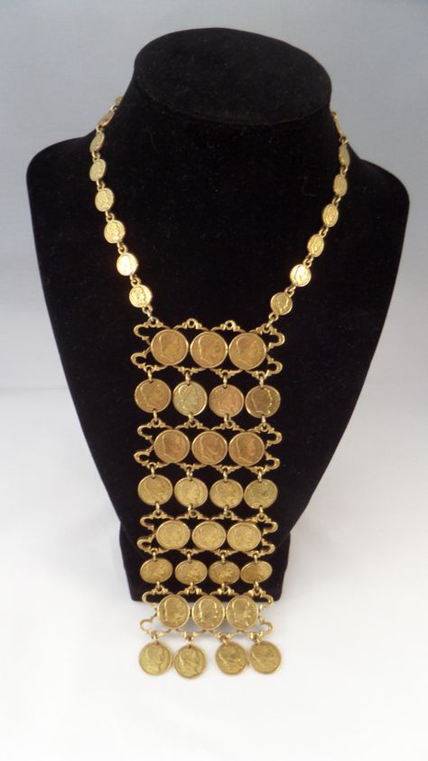 Gold Coin Collar Necklace, Luxury Gold Coin Statement Necklace, Luxury Gold-plated Coin Necklace, Gold-tone Coin Necklaces, Luxury Gold-tone Chain Necklace With Coin Pendant, Gold Coin Choker, Gold Bib Necklace, Coin Choker, Evening Accessories