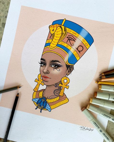 Rik Lee on Instagram: “Here’s another babe from my babe’n goddess series. She’s inspired by Nefertiti, the Egyptian queen who worshipped the sun and rocked some…” Queen Nefertiti Art, Queen Nefertiti Tattoo, Egyptian Queen Tattoos, Nefertiti Art, Nefertiti Tattoo, Rik Lee, Egyptian Drawings, African Tattoo, Egyptian Queen Nefertiti