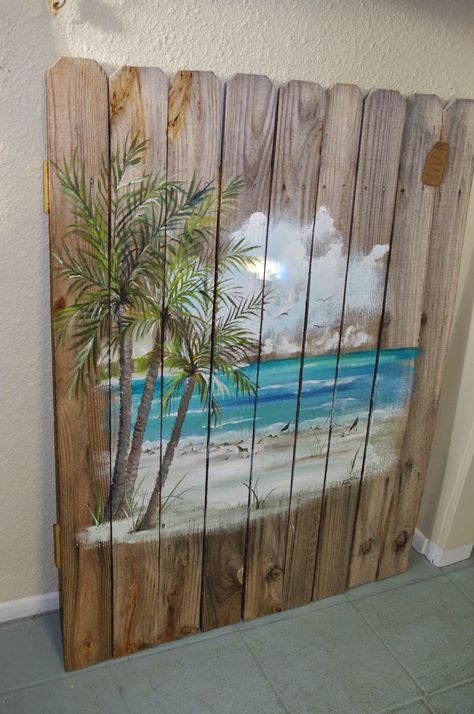 Beach Mural, Garden Fence Art, Cottage Coastal, Fence Art, Beachy Decor, Fence Paint, Pallet Painting, Pallet Art, Wooden Fence