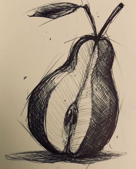 Rough Sketches Sketchbooks, Rough Pen Sketches, Rough Sketches Doodles, Fruit Sketch Pencil, Fruit Sketch Drawing, Small Sketch Ideas, Pear Sketch, Fruit Sketches, Cross Hatching Drawing