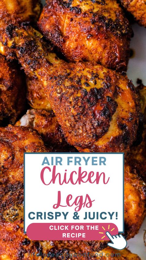 A homemade dry rub dowses these yummy chicken drumsticks with a touch of sweetness and just a hint of heat! Juicy and tender with a crispy coating, these finger-lickin’ good air fryer chicken legs are every bit as delicious as fried chicken — and without all the fuss! Whole Chicken Legs In Air Fryer, Air Fry Chicken Legs Bone In, Air Fryer Chicken Legs Bone In Crispy, Airfry Chicken Drumstick Recipes, Air Fryer Chicken Drumsticks Crispy, Air Fryer Chicken Legs Bone In, Drumsticks In Airfryer, Air Fryer Chicken Legs Recipes, Air Fried Drumsticks