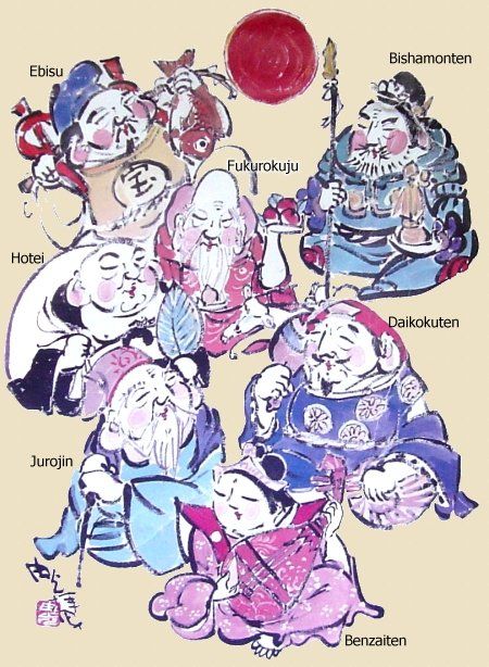 Seven Lucky Gods of Japan - Poster Image found at Myoryuji Temple Seven Lucky Gods Japan, 7 Lucky Gods, Seven Lucky Gods, Kamakura Japan, Japan Poster, India Photo, Japanese Mythology, Asian Tattoos, Japan Culture