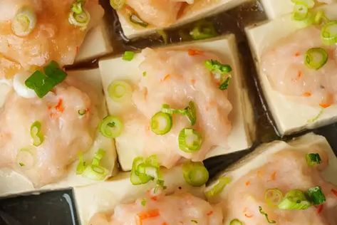 Lau Lau Recipe, Made With Lau, Stuffed Tofu, Chinese Dishes Recipes, Swai Fish, Recipe Drawing, Steamed Tofu, Shrimp Paste, James Beard