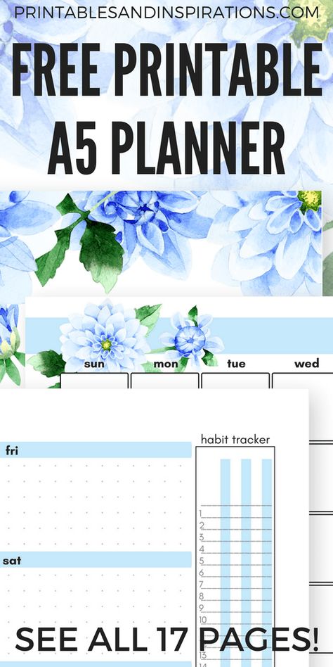 Free A5 printable planner - beautiful blue dahlias! See all 17 pages for your bullet journal layout. Download now for free! #printableplanner #freeprintable #printablesandinspirations Filofax Printables Free, Mom Planner Printables Free, A5 Planner Printables Free, Homework Planner Printable, Binder Wallpaper, Filofax Printables, Journal Printables Free, A5 Planner Printables, Beautiful Blue Flowers