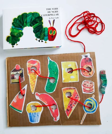 The Very Hungry Caterpillar Lacing Activity Board - Learning from Playing The Very Hungry Caterpillar Activities Pre K, Hungry Hungry Caterpillar Activities, Book With Craft Preschool, The Very Hungry Caterpillar Kindergarten, Diy Lacing Activity, Preschool Lacing Activities, Caterpillar Activity Preschool, The Very Hungry Caterpillar Activities For Toddlers, The Very Hungry Caterpillar Activities For Preschoolers