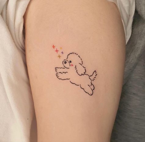 Fairy Puppy Tattoo, Cute Dogs Tattoo, Puddle Tattoo Dog, Poodle Fine Line Tattoo, Toy Poodle Tattoo Outline, Bichon Tattoo Ideas, Cute Puppy Tattoo, Miniature Poodle Tattoo, Mini Poodle Tattoo