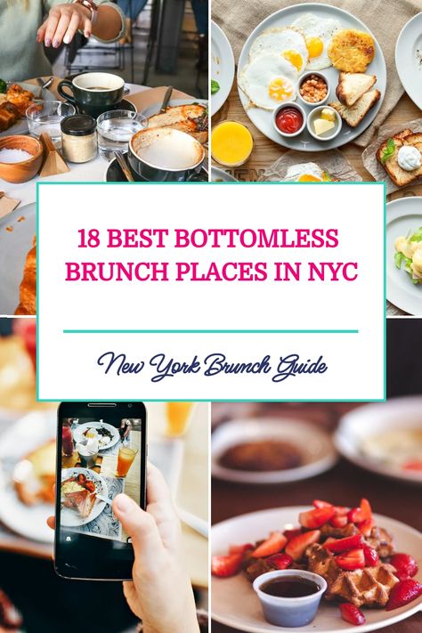 Pinterest pin showing delicious food from the best bottomless brunch places in NYC. Brunch In Nyc, New York Activities, Places In Nyc, Brunch Nyc, Bottomless Mimosas, Fusion Restaurant, Girls Brunch, Brunch Places, Boozy Brunch