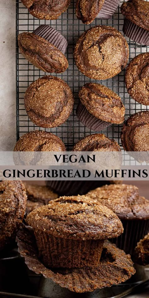 Vegan gingerbread muffins - these easy eggless muffins are super soft, moist and fluffy with a rich spiced treacle (molasses) flavour. They are great any time of year but especially good around bonfire night and Christmas! Vegan Gingerbread Muffins, Vegan Savory Muffins, Vegan Christmas Cupcakes, Christmas Baking Vegan, Vegan Baking Ideas, Vegan Winter Meals, Vegan Christmas Baking, Winter Muffins, Vegan Breakfast Muffins