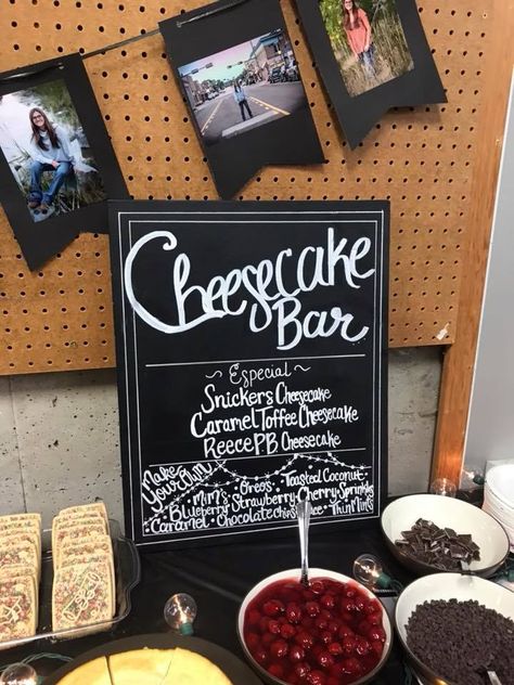 Cheesecake Bar Graduation Party #graduation #party #chalkboard #sign #yesmaamcustoms Ice Cream Bar Graduation Party, Make Your Own Cheesecake Bar, Pickle Bar Graduation, Graduation Dessert Table Ideas Sweets, Dessert Bar Graduation Party, Graduation Cheesecake Ideas, Cheesecake Bar Wedding, Grad Party Pasta Bar, Mac And Cheese Bar Grad Party