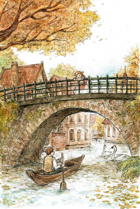 Orange Bridge by sherrae78.deviantart.com on @deviantART Autumn Illustration, Fall Watercolor, Autumn Scenery, Travel Tours, Autumn Photography, Vintage Artwork, Children's Book Illustration, Cute Illustration, Kids Art Projects