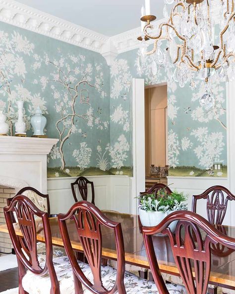 A Hand-Painted Wall Covering Inspires the Design of This Georgia Home - Cottage Journal Chinoiserie Mural, Dining Room Wallpaper, Dining Room Blue, Blue Chinoiserie, Georgia Homes, Bedroom Murals, Bamboo Shoots, Chinoiserie Wallpaper, Plywood Furniture