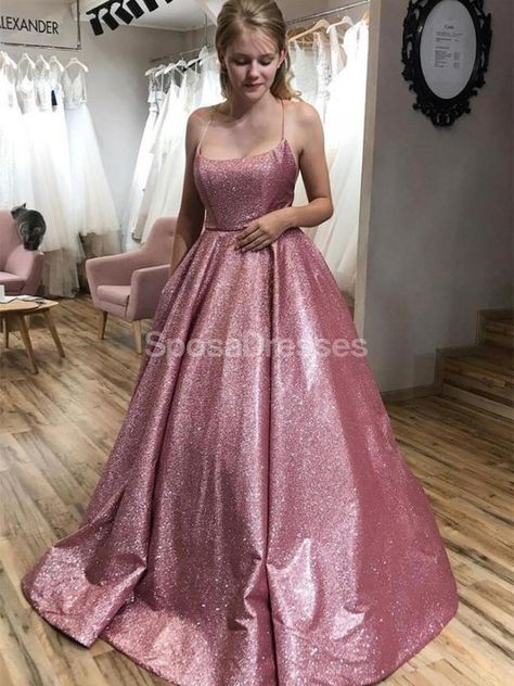 Rose Gold Prom Dress, Sparkle Prom Dress, Prom Dresses Long Pink, Gold Prom Dresses, Formal Ball Gown, Professional Dress, Prom Dresses With Pockets, Spaghetti Strap Prom Dress, Pink Prom Dress