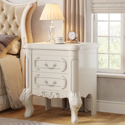 Willa Arlo Interiors Alric 2 - Drawer Nightstand in Light Pink | Wayfair Dainty Bedroom, Carved Nightstand, Classic Bedroom Furniture, Nightstand With Storage, Side Tables For Bedroom, Chairside Table, Nightstand Set Of 2, White Bedside Table, Glam Room