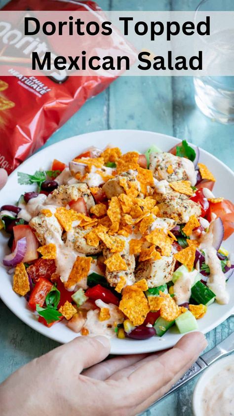 You may not have thought of putting Doritos in a salad before but why not? Croutons are often used in salads so why not add some crunch with Doritos instead? This easy Mexican inspired salad is topped with crushed Doritos to give it loads of flavour and texture. Salad With Doritos, Dorito Salad, Doritos Salad, Delicious Healthy Salads, Sweet Potato Fritters, Breaded Chicken Recipes, Mexican Salads, Kinds Of Beans, Roast Chicken Leftovers