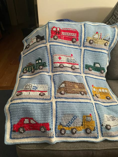 Kids Crochet Blanket, Crochet Truck, Boys Blankets, Crochet Freeform Tutorial, Crochet Train, Truck Blanket, Cat Quilt Block, Octopus Crochet Pattern, Owl Crochet Patterns