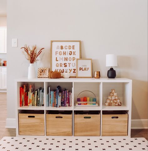 Toddler playroom idea Toy Storage In Playroom, Storage For Toddler Room, Kids Room Toy And Book Storage, Bedroom Toys Storage, Cubby Organizer Decor, Toy Storage In Dining Room, Kids Cube Dresser, Kids Toy Storage Cubes, Toy Storage Ideas Montessori