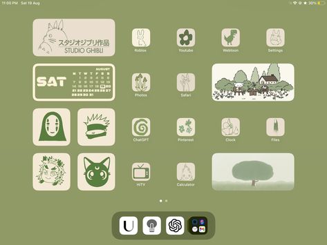 Widgy Widget Ideas, Studio Ghibli Ipad Theme, Ipad Ios Layout Ideas, Totoro Ipad Wallpaper, Ghibli Ipad Homescreen, Studio Ghibli Ipad Layout, Ipad Homescreen Ideas Anime, Green Ipad Layout, Studio Ghibli Ipad Wallpaper