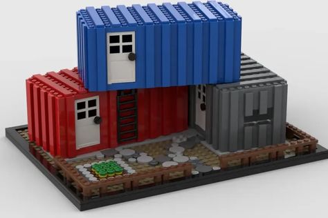 This Hous is build out of three different colored shipping Containers. The interior contains a bedroom, a basic bathroom, a small kitchen with a tiny ... Basic Bathroom, Best Lego Sets, Big Lego, Lego Room, Colorful World, Cabbages, Building Techniques, Shipping Containers, Lego Design